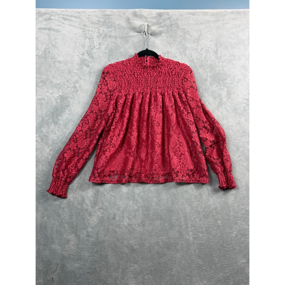 Blue Tassel Womens M Red Maroon Lace Blouse Smocked Mock Neck Boho Coquette Top